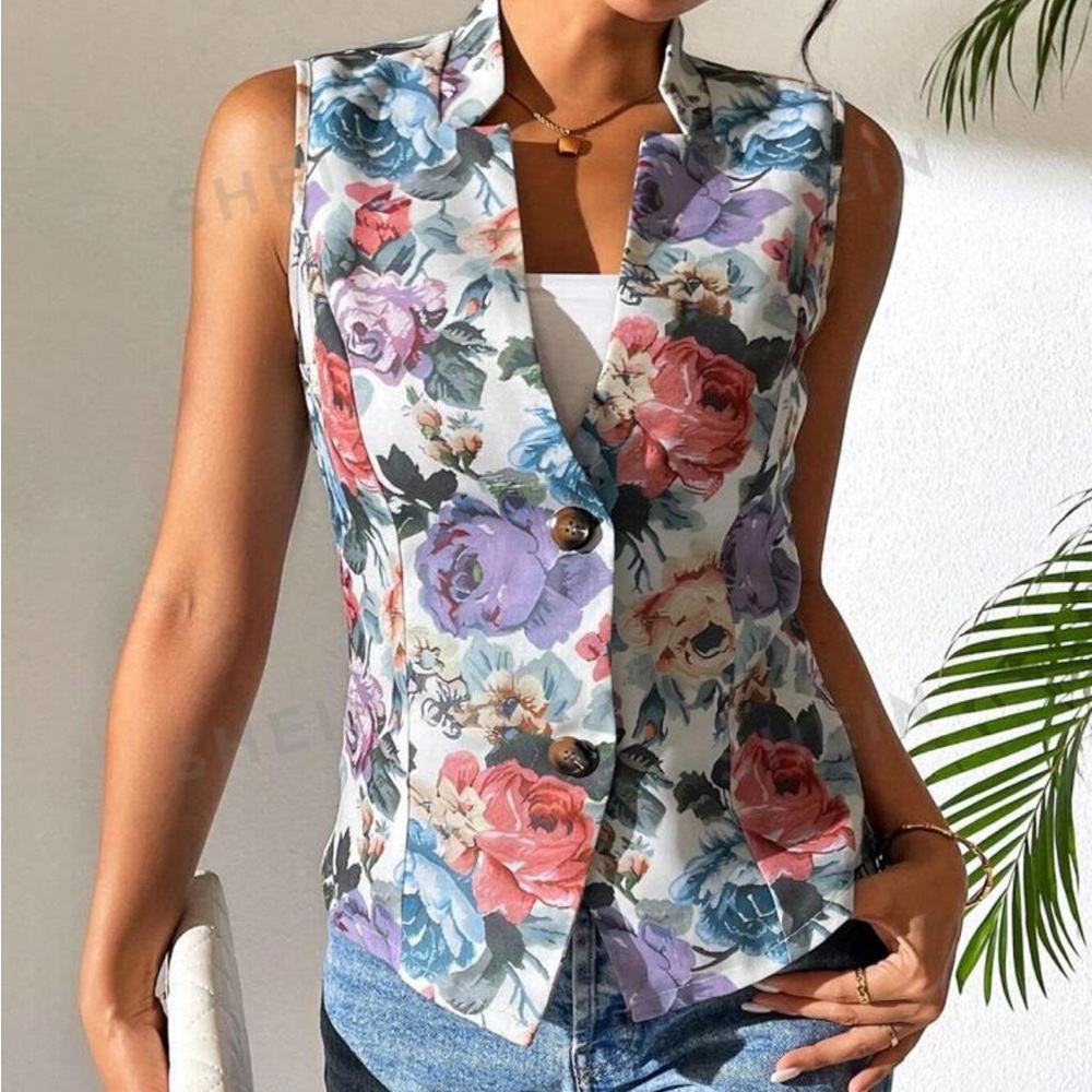 Essnce Women's Summer Floral Print Casual Sleeveless Blazer - Picture 2 of 4